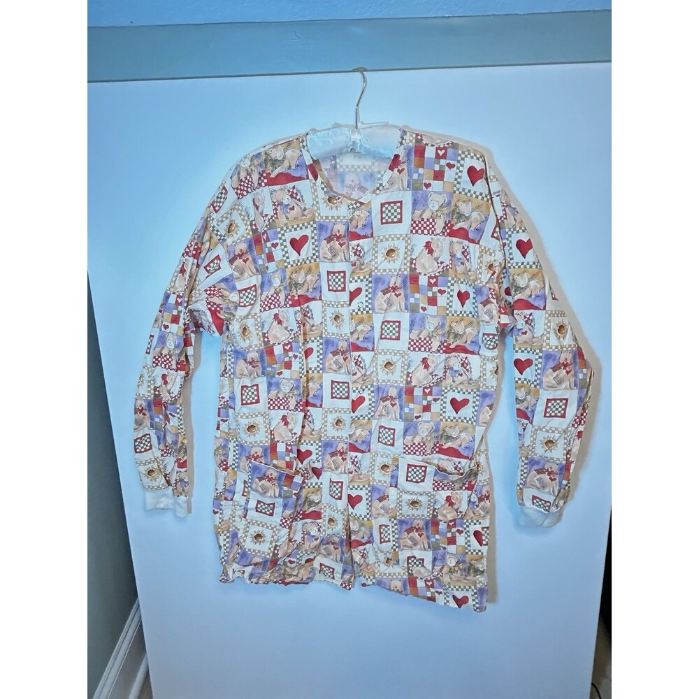 Cotton Scrubs Cat Teddy Heart Patchwork Print Scrub Jacket Estimated Size Large - Picture 10 of 15